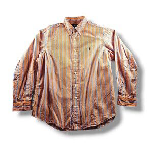 Ralph Lauren Shirt Mens Size 17 34/35 Orange Blue Striped Button Down